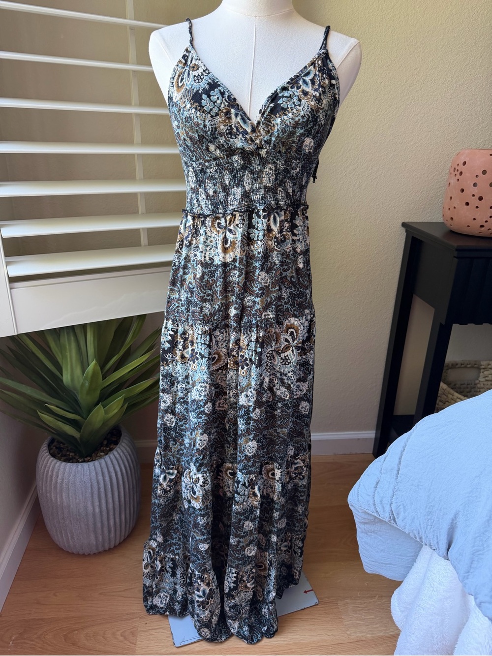Intimately Free People Floral Tiered Maxi Dress in Blue & Brown